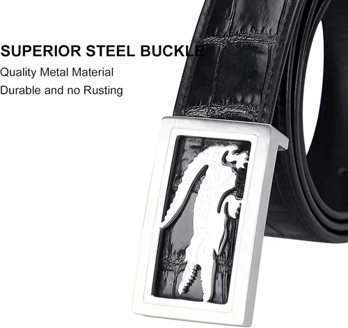 Vista 4 de PIJUSHI Cinturón de cuero de cocodrilo para hombre con hebilla de placa, cinturón de cuero para hombre