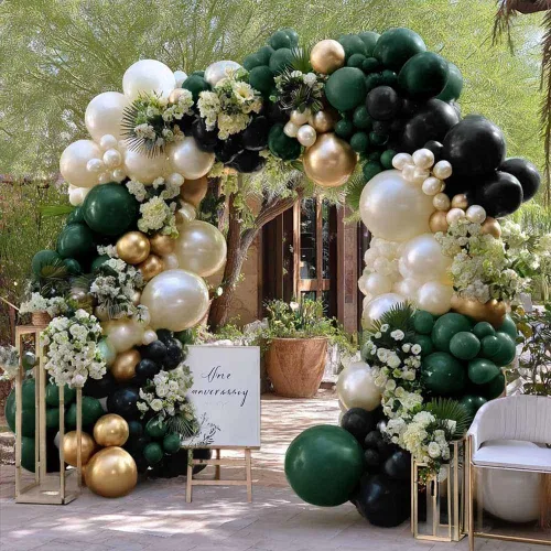 Vista 18 de Kit de arco de globos color burdeos y negro, doble relleno, color granate, rojo oscuro, perla, blanco, arena, dorado, guirnalda de globos