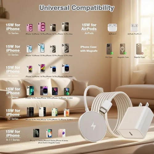 Vista 13 de Cargador inalámbrico magnético para iPhone 17/16/15,15W 6ft Apple MagSafe Charger