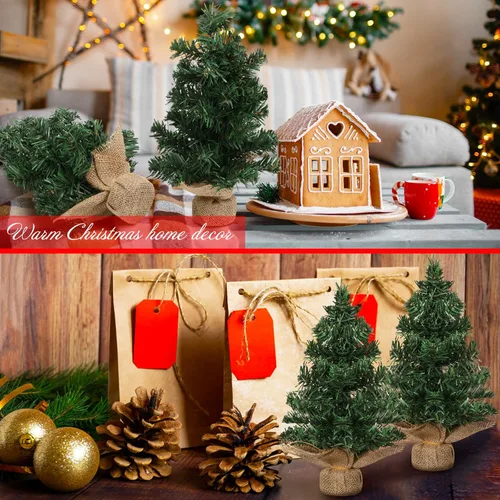 Vista 4 de Yinder 2 piezas de mini árbol de Navidad de mesa de 7.87 pulgadas, árbol de Navidad artificial en miniatura de pino con base de lino