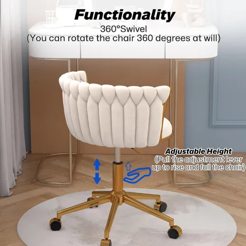 Vista 5 de Silla de oficina en casa tejida de terciopelo, moderna silla de escritorio giratoria con ruedas, silla de tocador ajustable en altura con base
