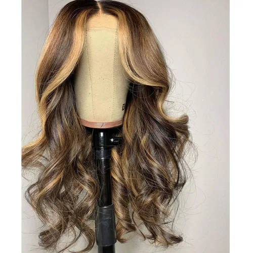 Vista 5 de Peluca de cabello humano ondulado con reflejos rubios y marrones, encaje frontal, sin pegamento, prearrancada, Remy brasileño, densidad 150, 12