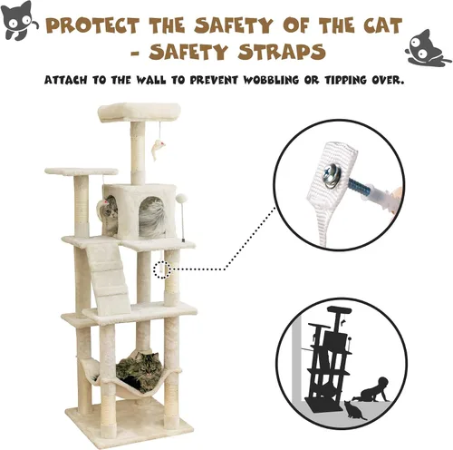 Vista 9 de MWPO - Árbol para gatos, multiestructura para gatos grandes con postes rascadores de sisal, plataforma acolchada, hamaca y condominio, torre Beige