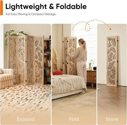Vista 6 de JOSTYLE Divisor de habitación bohemio con tallado de plumas, pantalla de madera calada de 4 paneles, división plegable decorativa para dormitorio