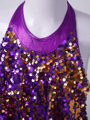 Vista 5 de Agoky Vestido de baile de ballet brillante para niños y niñas, trajes de baile latino modernos, trajes de baile para escenario, ropa deportiva