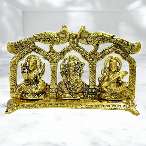 Vista 3 de Lakshmi Ganesha Saraswati ídolo con pavo real hecho de metal Laxmi Ganesh lámpara de aceite estatua tradicional religiosa estatua religiosa casa