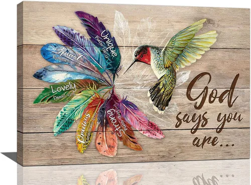 Vista 42 de Arte de pared de colibrí cristiano con texto en inglés "God says you ers", impresiones en lienzo, pintura rústica de pájaros de campo, obras de arte