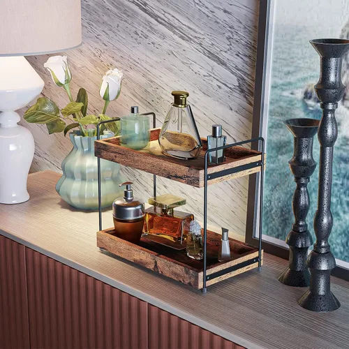 Vista 5 de Organizador de encimera de baño de 2 niveles, estante de especias de madera para encimera de cocina, organizador de maquillaje cosmético de tocador