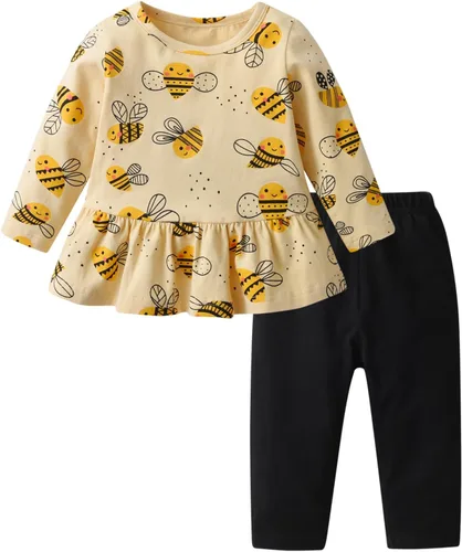 Vista 8 de Conjunto de ropa de bebé niña 2 piezas de manga larga con patrón de dibujos animados trajes infantiles Gris