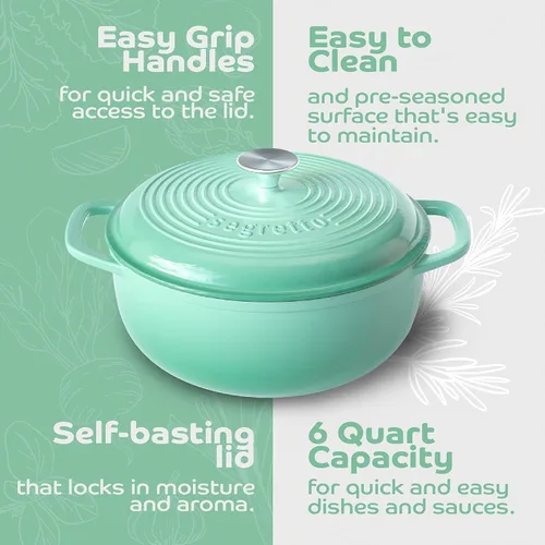 Vista 3 de Segretto Cookware Horno holandés de hierro fundido esmaltado, 6 cuartos de galón, verde claro Verde Chiaro (verde claro)