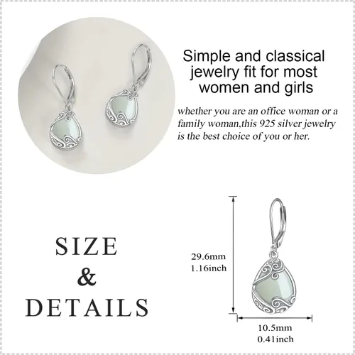 Vista 100 de Aretes colgantes con forma de lágrima de filigrana de piedra lunar de plata de ley 925 con cierre de palanca para mujer, regalos de joyería