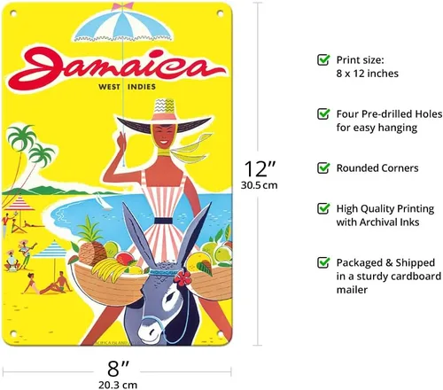 Vista 2 de Pacifica Island Art Jamaica – West Indies – Caribe – Vendedor jamaicano de frutas de playa en burro – Póster de viaje vintage c.1950s – Cartel