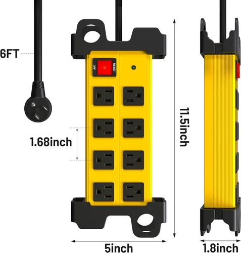Vista 7 de Regleta de alimentación resistente de 8 tomas, protector de sobretensiones de 2700J con cable de extensión de 6 pies, regleta de metal industrial