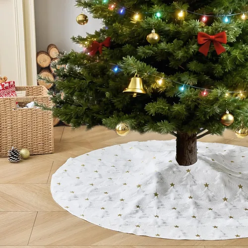 Vista 48 de ORTIGIA Falda blanca para árbol de Navidad de 48 pulgadas con POM POM, falda de árbol de Navidad de felpa suave de piel sintética blanca para árbol