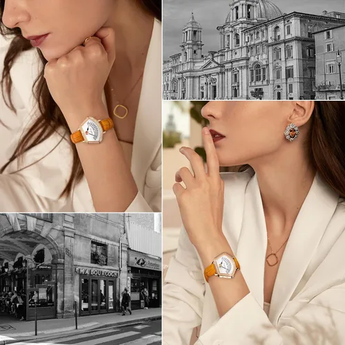 Vista 6 de T-ENGINE Relojes de pulsera para mujer, relojes de pulsera de cuarzo para mujer, correa de cuero, esfera en forma de abanico con superficie