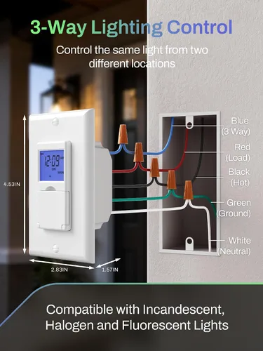 Vista 9 de BN-LINK Interruptor Temporizador Programable de Pared de 7 Días para Luces, Interruptor de Luz Digital Temporizador para Interiores, Polo Simple y 3