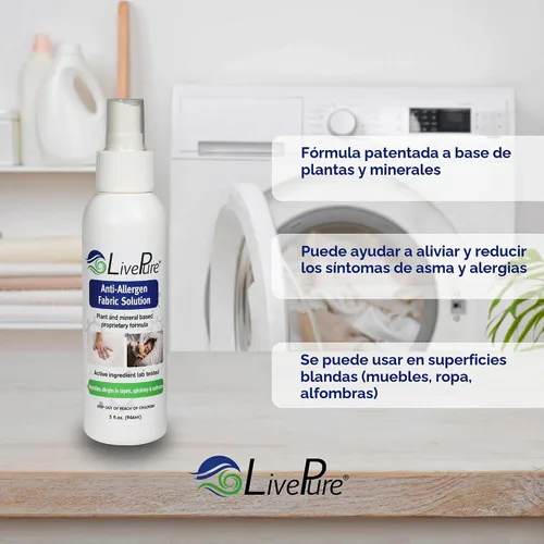 Vista 4 de LivePure Spray de tela antialérgeno de 3 onzas para superficies domésticas. Spray antialérgeno a base de plantas para ácaros del polvo y caspa