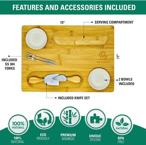 Vista 2 de Tabla de queso de bambú con cuchillo, cuenco, juego de tenedores, plato de madera para charcutería y bandeja para servir alimentos para copas