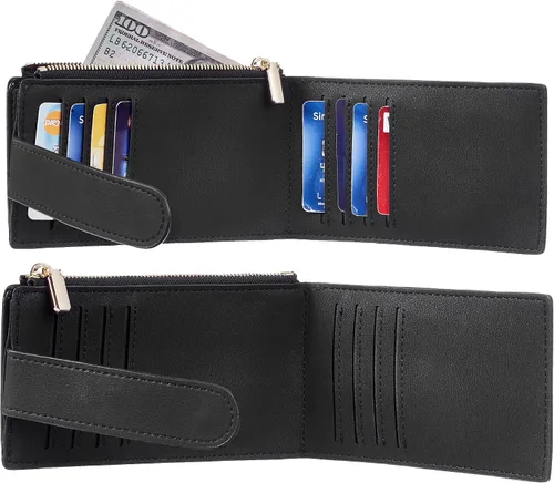 Vista 4 de Chelmon Billetera delgada con bloqueo RFID para mujer con bolsillo con cremallera Negro liso Minimalista