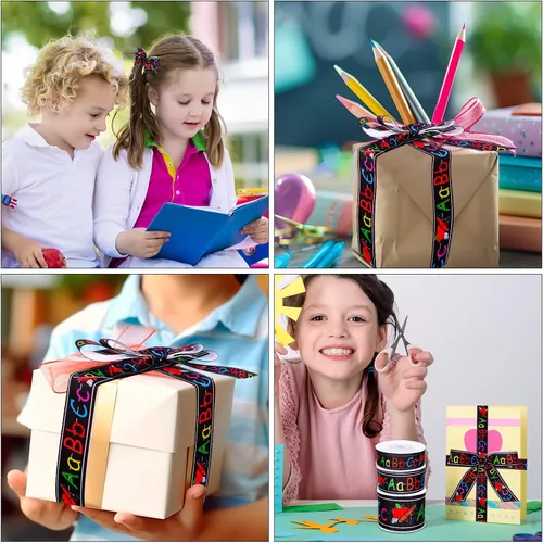 Vista 7 de JarThenaAMCS 3 rollos de cinta de grogrén Vuelta al Colegio, cinta de grogrén con temática escolar, cinta de grogrén con estampado ABC, cinta