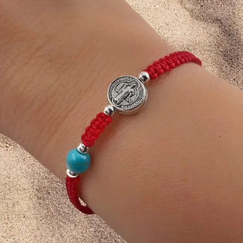Vista 5 de St Benedict medal and Turquoise Bead on Adjustable Red Wove Bracelet with Macrame knot for women (Red)