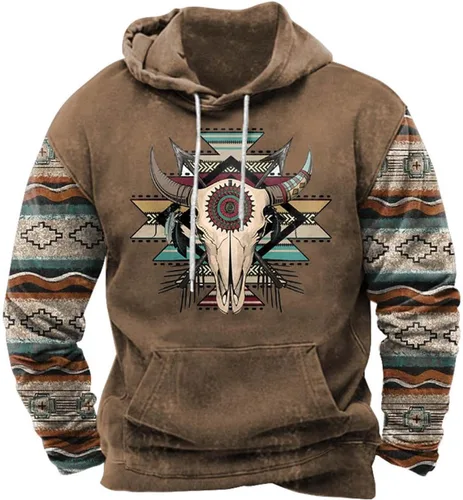 Vista 5 de HOTYD Western Cowboy Hooded Sweatshirt Vintage Aztec Pullover Men Casual Long Sleeve Drawstring Hoodies with Pocket