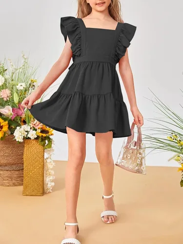 Vista 4 de Imily Bela Vestido de verano con cuello cuadrado para niñas, manga con volantes, acampanado, casual, para fiesta, mini vestidos de 5 a 14 años