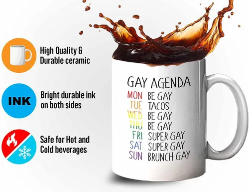 Vista 4 de Bubble Hugs Taza de café del mes del orgullo, agenda gay, planificador semanal Rainbow Queer LGBTQ Lesbiana Gay Pride LGBT Aliado Soporte 11oz Blanco