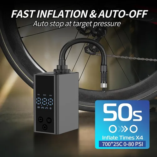 Vista 4 de Mini bomba de bicicleta con manómetro, bomba eléctrica de bicicleta de 120 PSI, bomba de aire recargable para bicicleta portátil, parada automática