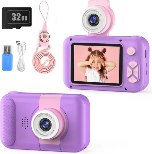 Vista 8 de Cámara para niños con lente giratoria de 180° para selfie y video, cámaras de video digitales HD para niños pequeños con tarjeta SD de 32 GB, ideal