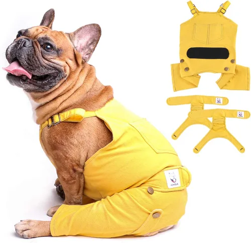 Vista 10 de iChoue Lindos pañales para perro con tirantes para bulldog francés, pug francés, bulldog inglés, hembra, en ciclo de calor, azul, pequeño con 1 pañal