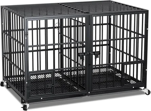 Vista 9 de EZ4ENCE Jaula para perros de 48/42/54 pulgadas con divisor para 2 perros, jaula indestructible, diseño resistente, doble puerta y bandeja extraíble