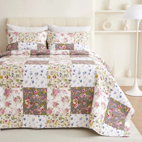 Vista 2 de EVENHUG Juego de Edredón de Retazos de 100% Algodón Tamaño Queen Ligero Floral Edredones Queen Juego de Ropa de Cama Colcha Cubrecama Cubierta