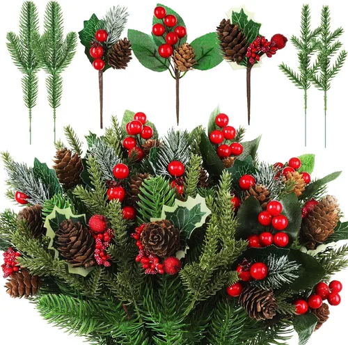 Vista 8 de Yunlly 60 piezas de agujas de pino verde artificiales para Navidad, púas florales de Navidad de acebo con bayas rojas artificiales, tallos de pino