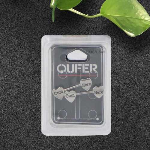 Vista 8 de OUFER 2 unids 14G acero inoxidable pezones piercing corazón con tallados Cum aquí pezón anillos piercing para mujeres hombres en cuerpo joyería