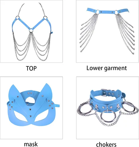 Vista 2 de Arnés de cuerpo para mujer, de cuero, punk, traje de máscara, collar, liguero, gótico, carnaval, disfraz de baile de Halloween