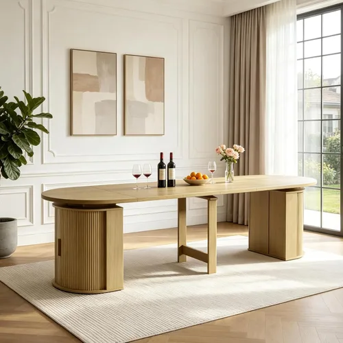Vista 8 de SSLine Mesa de comedor extensible ovalada para 4 a 10 personas, mesa de cocina expandible de 63 a 94 pulgadas de largo con base de almacenamiento