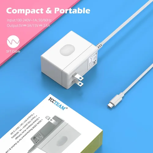 Vista 6 de Cargador para Nintendo Switch, cargador YCCTEAM Adaptador de CA Fuente de alimentación 15V 2.6A Kit de carga rápida compatible con Switch OLEDSwitch