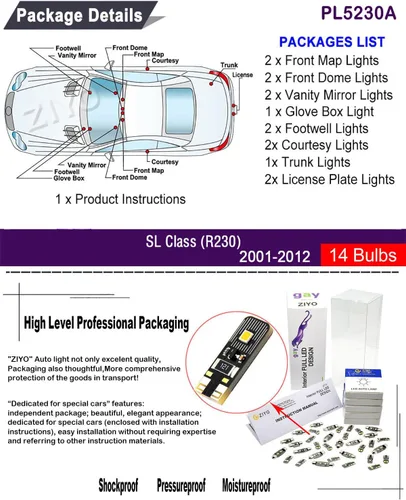 Vista 2 de Kit de luz interior LED para Mercedes Benz SL Class R230 2001-2012 Paquete de repuesto de bombillas de cúpula, 6000 K xenón blanco luces LED