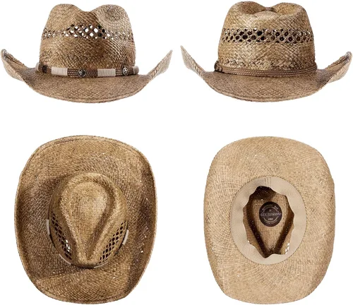 Vista 3 de MIX BROWN Sombreros de vaquero de paja, sombrero de vaquero occidental, sombrero de ranchero para hombres y mujeres, exquisita banda de decoración