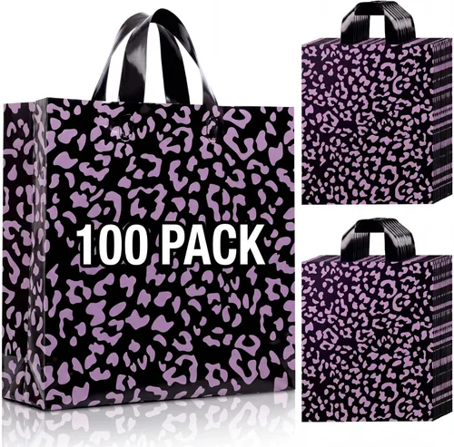 Vista 9 de Woanger 100 bolsas de compras de leopardo de plástico con estampado de guepardo, bolsa de regalo de leopardo para pequeñas empresas, fiesta de Marrón