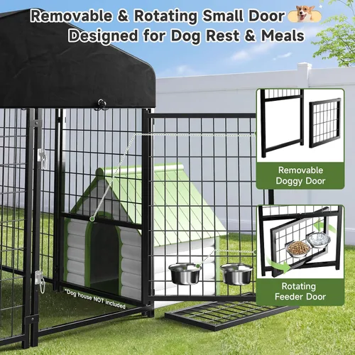 Vista 2 de Perrera para Perros al Aire Libre, Perrera para Perros con Techo y Comederos Giratorios/Puerta para Perros Desmontable Permite Conectar Su Casa