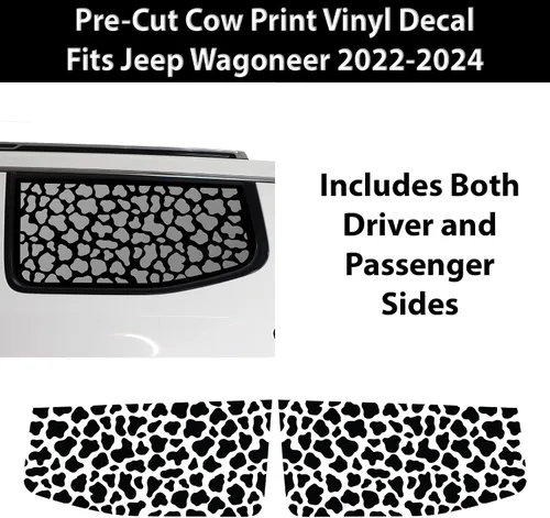 Vista 4 de BOGAR TECH DESIGNS Calcomanía de vinilo con estampado de vaca precortada para ventana de un cuarto compatible con Jeep (Grand) Wagoneer 2022-2025