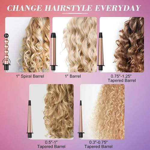 Vista 2 de USTAR Varita rizadora 5 en 1 para cabello largo, barriles de cerámica intercambiables de 0.35 a 1.25 pulgadas, rizador de viaje de doble voltaje