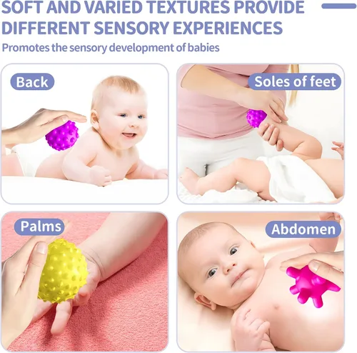 Vista 5 de Pelotas sensoriales, juguetes Montessori con sonajero de bebé de 3 a 6 meses 6 Multiple Textured Stress Balls with Blue Rattle, Bright