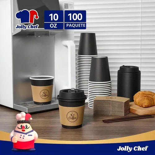 Vista 4 de JOLLY CHEF - Tazas de café de 10 onzas con tapas, mangas y agitadores, 100 Negro-10oz