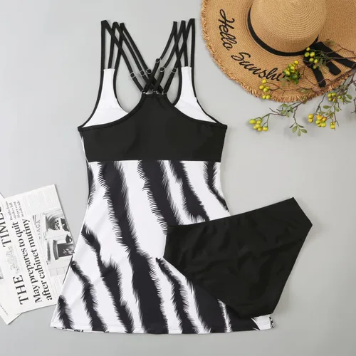 Vista 2 de Traje de baño tankini de dos piezas para mujer, con estampado de cebra, sin mangas, con bikini