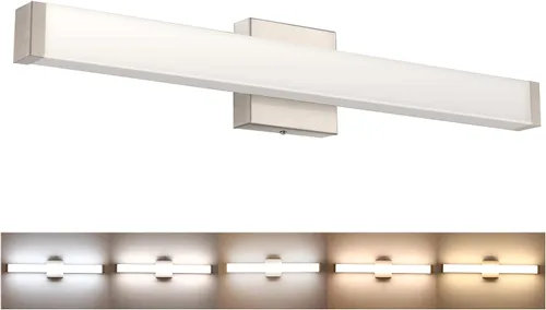 Vista 18 de Lámpara de tocador de baño de níquel cepillado, cuadrada, LED, 60 cm (24 pulgadas), 14 W, luz blanca natural, 4000 K, barra de luz para espejo