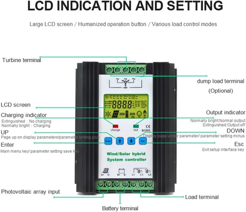 Vista 2 de Controlador de carga híbrido solar eólico de 1000 W, PWM, 600 W, viento + 400 W, tecnología de carga de impulso solar, regulador inteligente digital