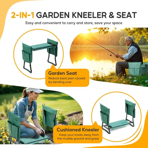 Vista 4 de Simple Deluxe Rodillero y asiento de jardín, taburete plegable con almohadilla de espuma EVA más gruesa, banco resistente, con bolsa